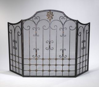 Bronze Scrolled Iron Fireplace Screen French 3 Panel Mesh Back