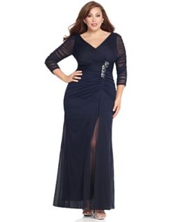 Adrianna Papell Plus Size Dress, Three Quarter Sleeve V Neck Ruched