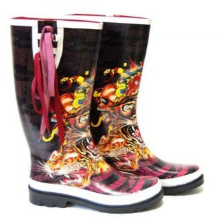 Womens Ed Hardy Seattle Rain Boots Wellies Black Tiger 5 35