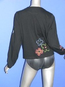 Michael Simon Lite Cotton Cardigan Top Blouse Black Embroidered