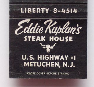 1950s Matchbook Eddie Kaplans Steak House Metuchen NJ