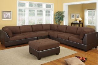 Chocolate Microfiber Plush + Faux Leather Modular Sectional Sofa Couch