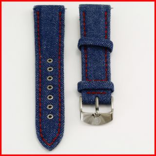 Michele Denim Jean Red Stitch Upper Silver Buckle Leather Watch Strap