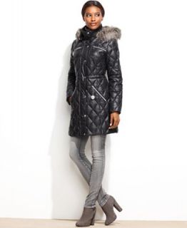 GUESS Coat, Hooded Faux Fur Trim Quilted Puffer