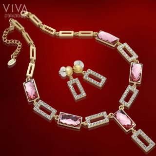 Crystal Beauty Pink 18K Gold Plated Necklace Earrings Jewellery Set