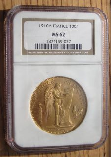 1910 A France Gold 100 Francs NGC MS62
