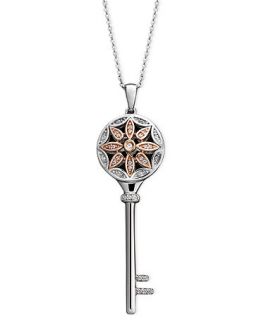 Diamond Necklace, 14k Rose Gold and Sterling Silver Diamond Flower Key
