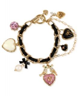 Betsey Johnson Bracelet, Gold Tone Black Ribbon Glass Lovebird Multi