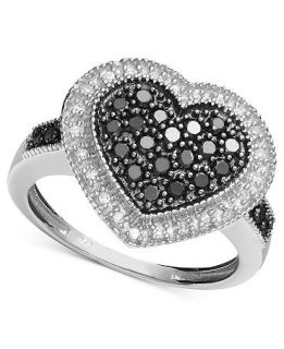 Diamond Ring, Sterling Silver Black Diamond and White Diamond Heart (1