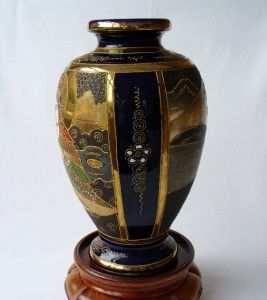 19th c Japanese Satsuma Vase Cobalt Blue With Moriage Ware & Gilt