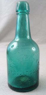 Antique S C Field & Co. Boston Blue/ Green Squat 1860s Blob Top Soda
