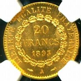 1893 French Angel Gold Coin 20 Francs NGC Certified Genuine Graded MS