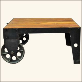 Teak Wood Iron Metal Industrial Cart on Wheels Coffee Table