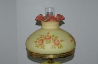 Fenton Roses on Burmese Student Lamp 1970s Hand Painted Signed