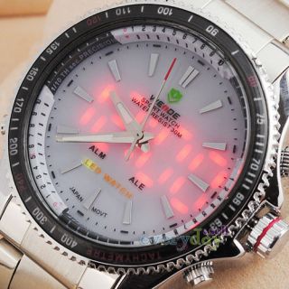 Battery Sport Stainless Steel Boys Mens Watches Red LED Alarm Date Day