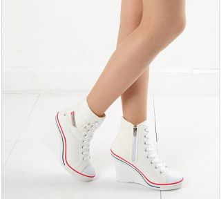 Women Wedge High Heel High Top Sneakers Tennis Shoes Boots White US 5