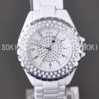 New SOKI White Crystal Glass Analog Quartz Lady Wrist Band Watch M89