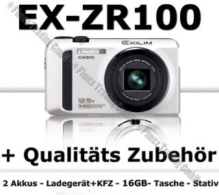 Casio EXILIM EX ZR100 + 2 Akkus   KFZ  Tasche   Stativ   16GB weiss