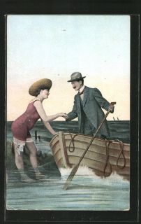 AK Ein Mädchen im Badeanzug begrüßt einen Mann im Ruderboot, Karte