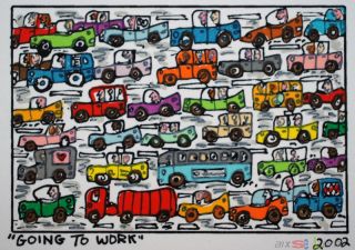 James Rizzi Serie 81 Prints on the wall going to work 2002