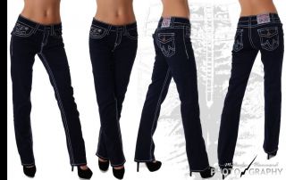 Damen Jeans low straight Hose blue stylische dicke Naht Neu Etikett