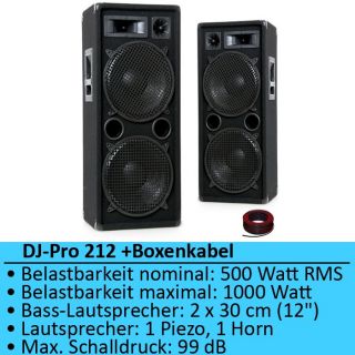 2000W Party Boxen DJ Pro 212 + Boxenkabel 2x 1,5mm² 10m