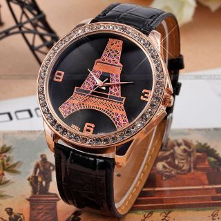 Kristall Damenuhr Eiffelturm Quarzuhr schwarz Leder Armband Uhr Watch