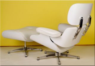 Apex Lounge Chair and Ottoman White Leather Plain Wood Charles Eames