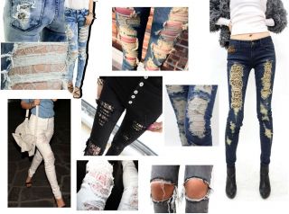 Leopard Lined Blue Skinny Jeans, Distressed Ripped Destroyed, UK 6,8