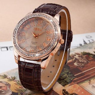 Elegante Damenuhr Kristall Quarzuhr Leder Braun Armbanruhr Watch
