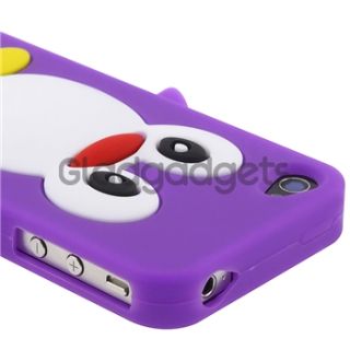Penguin Purple Silicone Case+Bling Glitter Guard Protector For iPhone