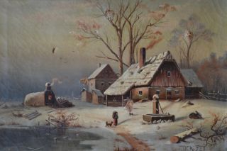Ölgemälde aus dem 19. Jh., Winterliche Hütte am See, Öl auf