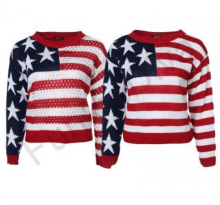 Pullover Damen Langärmelig USA Strick Amerika Flagge 36 38 40 42 Rot