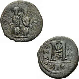 Byzanz Justin II Follis Nicomedia 577/578 Kaiserin Sophia Thron Zepter