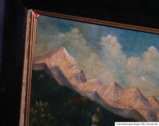 Gemälde wohl Öl auf Holz Dorfansicht mit Bergen sign. H. Englbauer