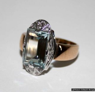 Antik 585er Gold Ring echter 3,5 ct Aquamarin + 12 echte Diamanten