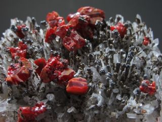 Red and lustrous crystals ofrealgar on a field of sharp, lustrous