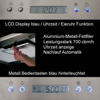 Wandhaube Dunstabzugshaube Kopffrei 80cm LCD Display 700cbm/h Uhr