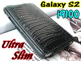 Krokodil Leder tasche Hülle Flip Case Black für Samsung Galaxy S2 II