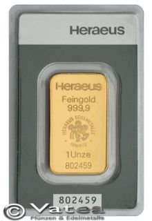 Goldbarren 31,1 Gramm HERAEUS 1 Unze 999,9 Gold Kinebar