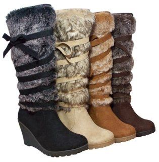 Wedge Bottom Tall Boots With Suede Upper And Fur Calf Shoes