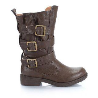 com Qupid Reggae 01 Buckle Studded Mid Calf Boot Brown 6 M US Shoes