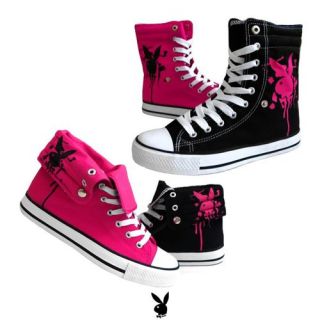 Womens Lace Up Canvas Sneakers Playboy Bunny Shoes Black , 10 Shoes