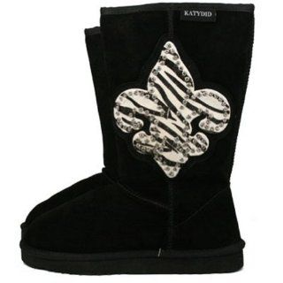 com Katydid Black Zebra Fleur De Lis Genuine Leather Boots (7) Shoes
