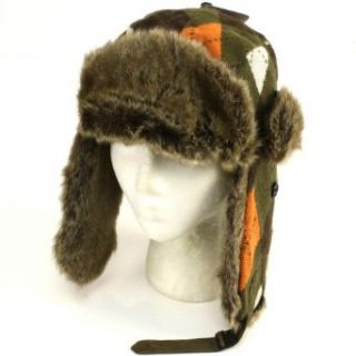Faux Fur Argyle Plaid Trooper Trapper Ski Hat Olive Orange