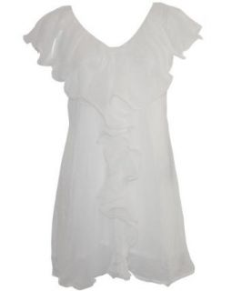 Ladies White Chiffon Dress Ruffle Neckline, White Lining