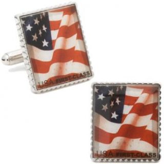 Rhodium Plated Silver American Flag Stamp Cufflinks