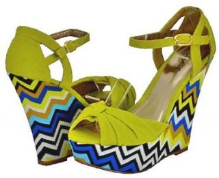  Qupid Finder 47 Lime Velvet Women Wedge Sandals, 6 M US Shoes