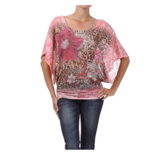Tabeez Womens Pink Floral Print Top with Rhinestones