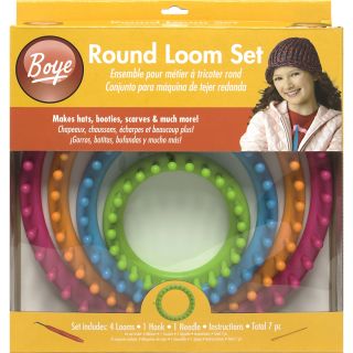 Boye Round Plastic Loom Knitting Set with Four Looms, Hook, and Needle